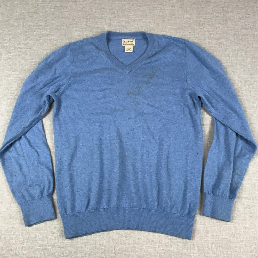 L.L.Bean‎ Sweater Mens Small Blue V Neck Cotton Cashmere Tight-Knit Pullover